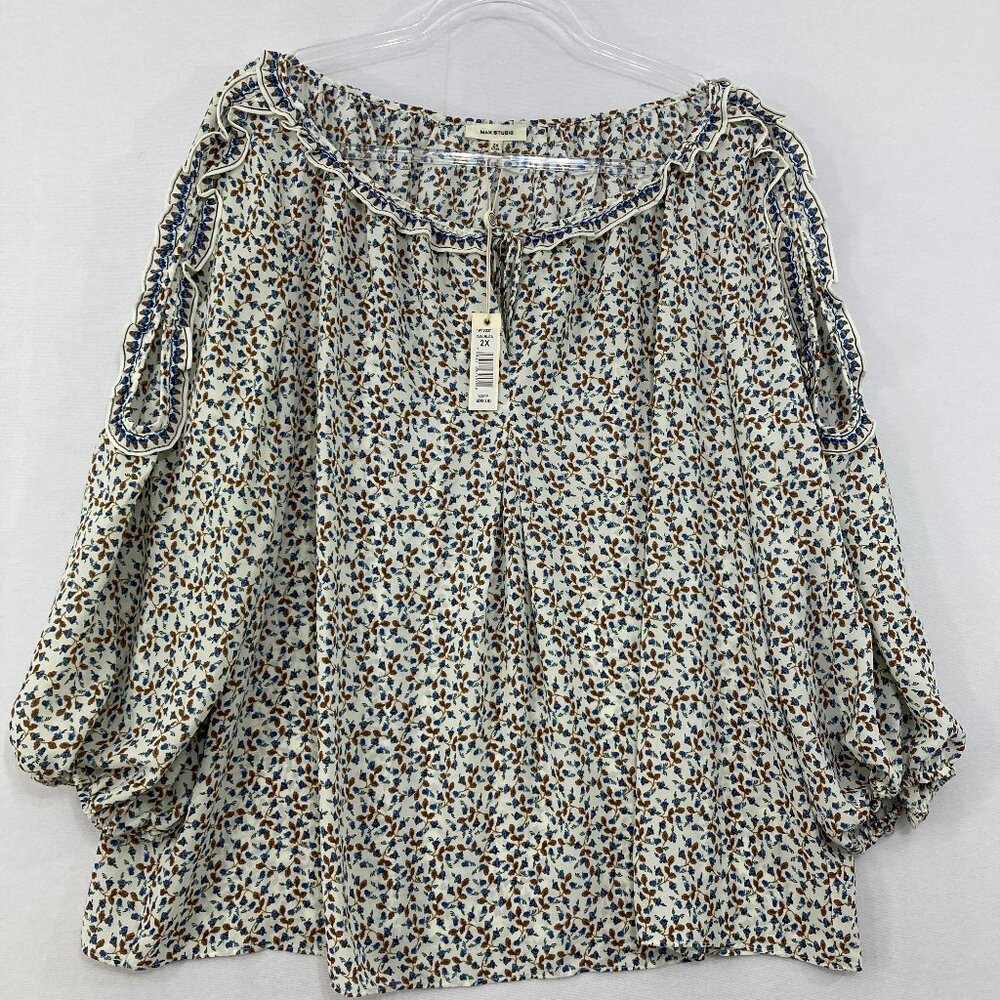 Max Studio Cream Floral Peasant Blouse with Navy & Brown Accents